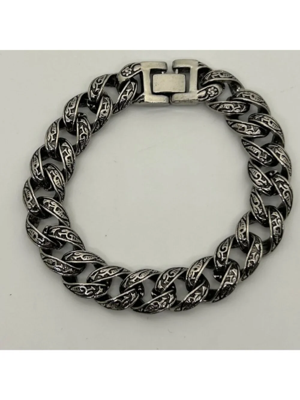 Men's Vintage Stainless Steel Curb Chain Bracelet Tribal Tattoo Etched Design